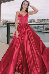 Red Satin Spaghetti Strap Ball Gown Evening Prom Dress