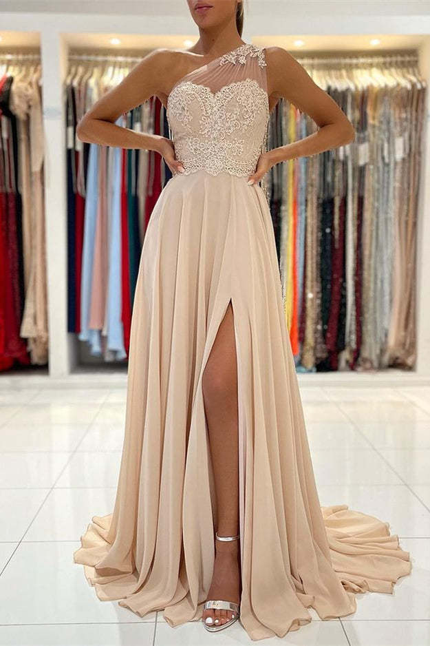 Elegant One-Shoulder Lace Applique Prom Dress: A-Line, High Slit, Floor-Length