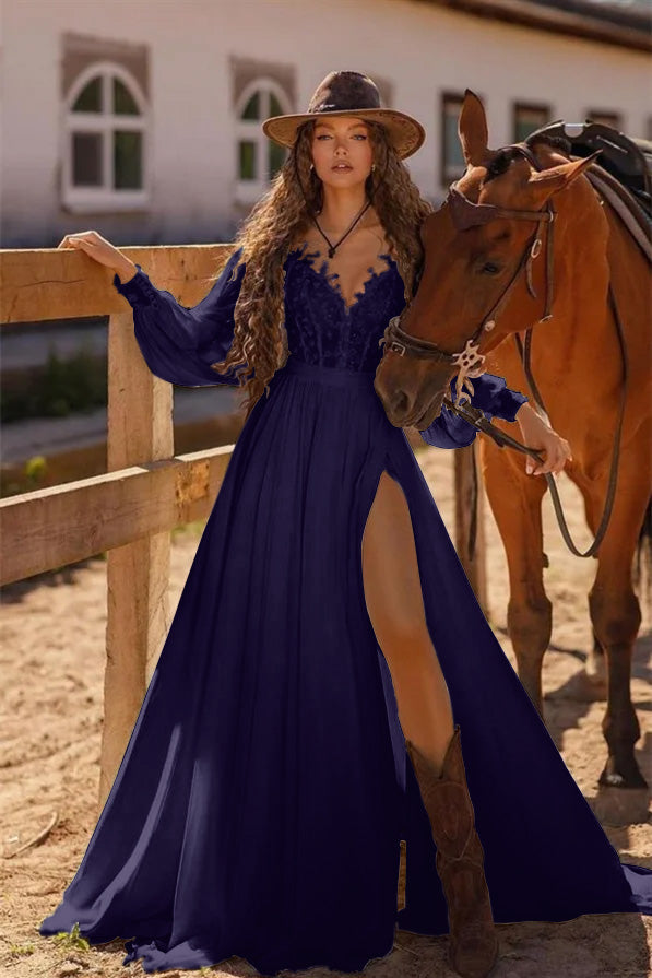 Bohemian Long Sleeve Lace Wedding Dress with High Side Split