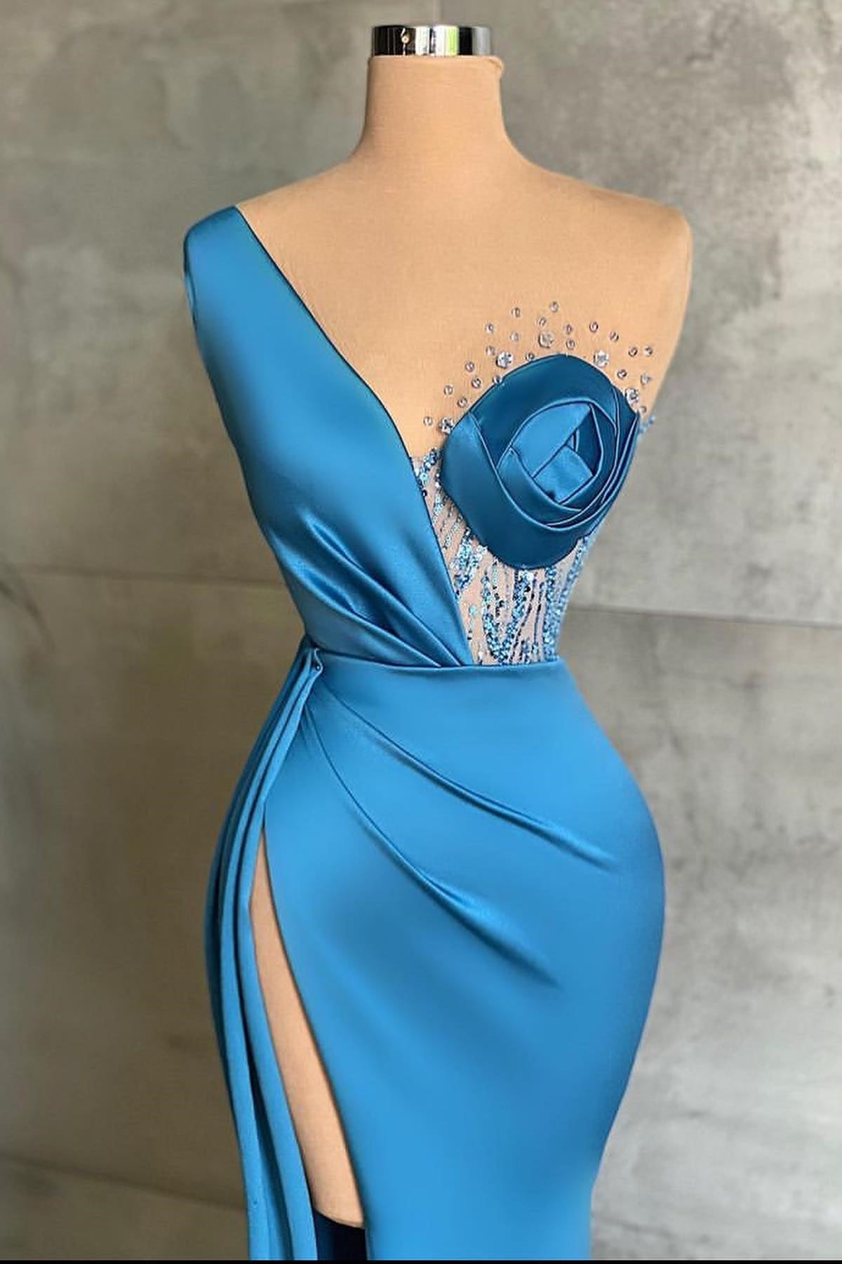 Glamorous Ocean Blue One-Shoulder Mermaid Prom Dress with Thigh Slit