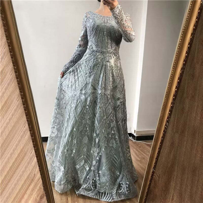 Elegant Ink Blue Long Sleeve Prom Dress Sequin Applique A Line Gown