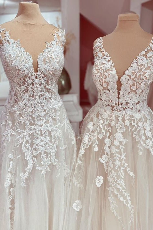 Elegant Deep V-Neck A-Line Lace Wedding Dress with Tulle Appliques Floor-Length