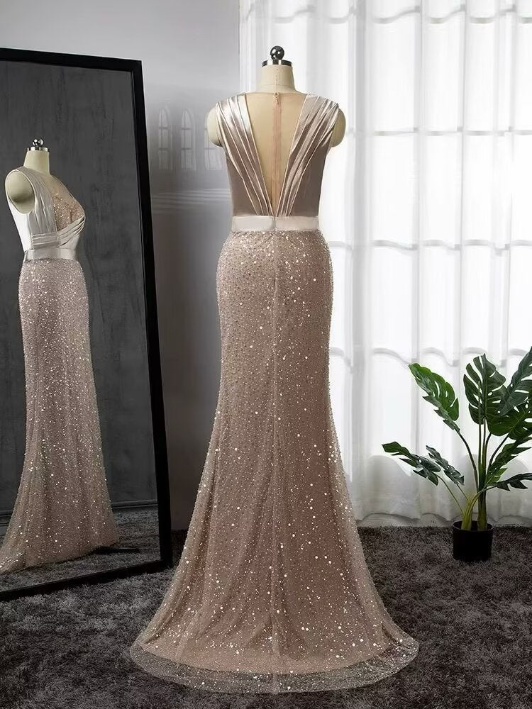 Elegant Pink Beaded Mermaid Evening Gown with Detachable Cape Sleeves