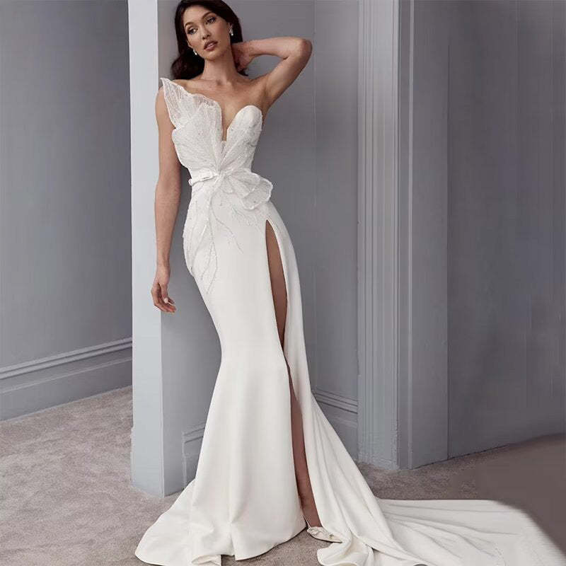 Elegant White Long Mermaid Prom Dress High Split Sequin Applique