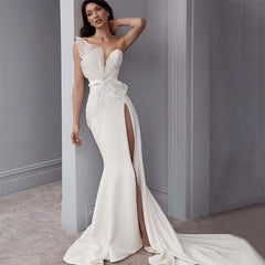 Elegant White Long Mermaid Prom Dress High Split Sequin Applique