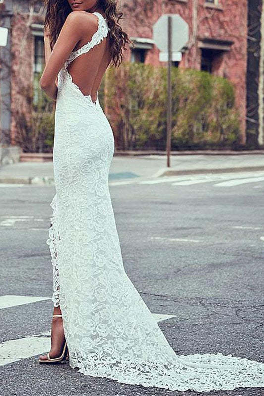 High Neck Lace Summer Beach Wedding Dress with Train