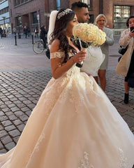 Long A-Line Princess Off-Shoulder Wedding Tulle Lace Dress