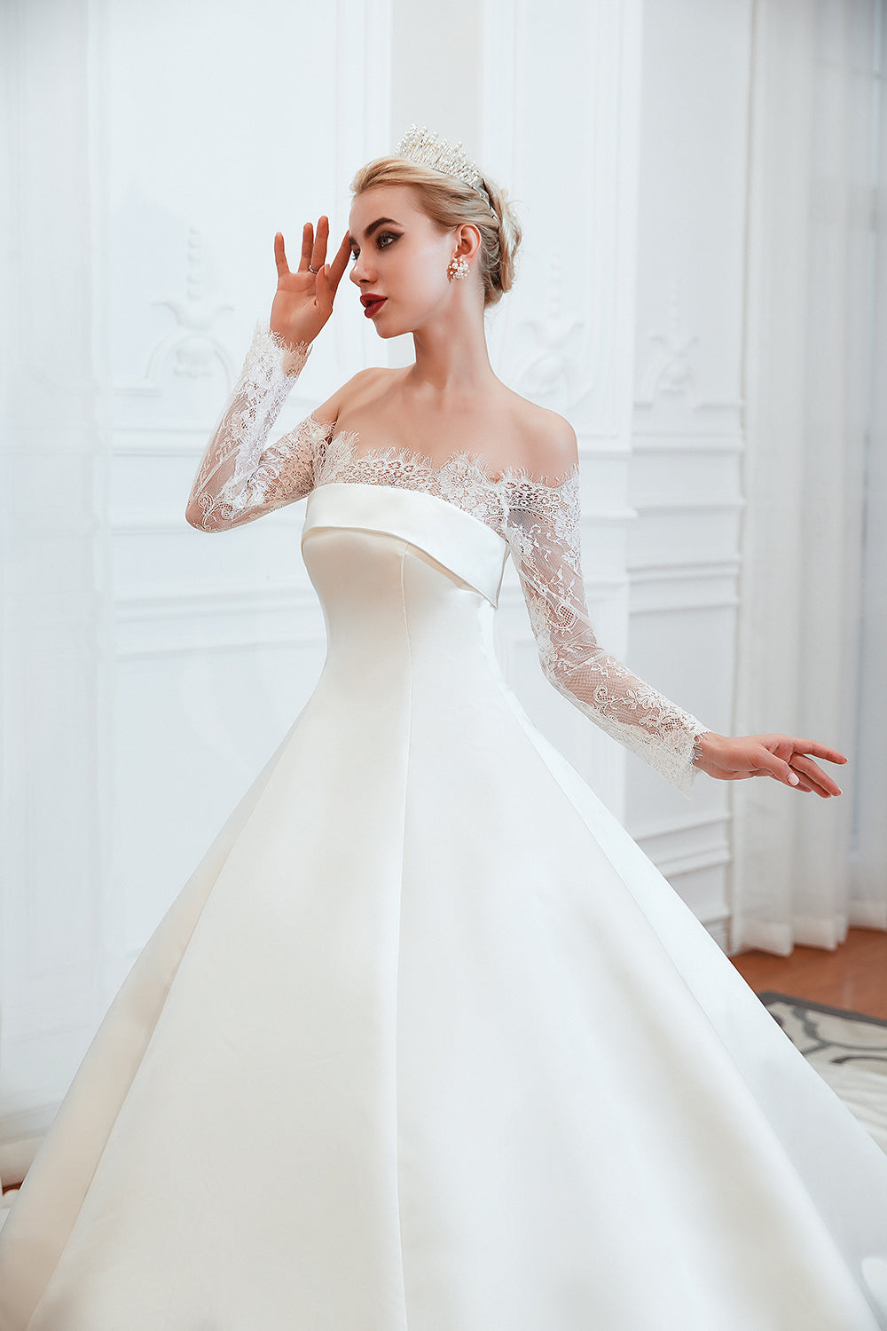 Elegant Off-Shoulder Long Sleeve A-Line Satin Wedding Gown with Delicate Lace