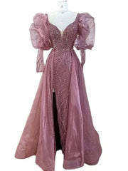 Pink Mermaid High Split Beaded Evening Dress Beaded Bubble Sleeve Gown