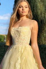 Daffodil Spaghetti Strap Lace Appliqué Mermaid Prom Dress with Split
