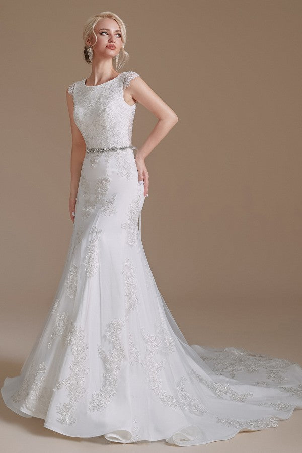 Elegant Mermaid Jewel Neck Long Wedding Dress with Tulle Lace and Beaded Waist