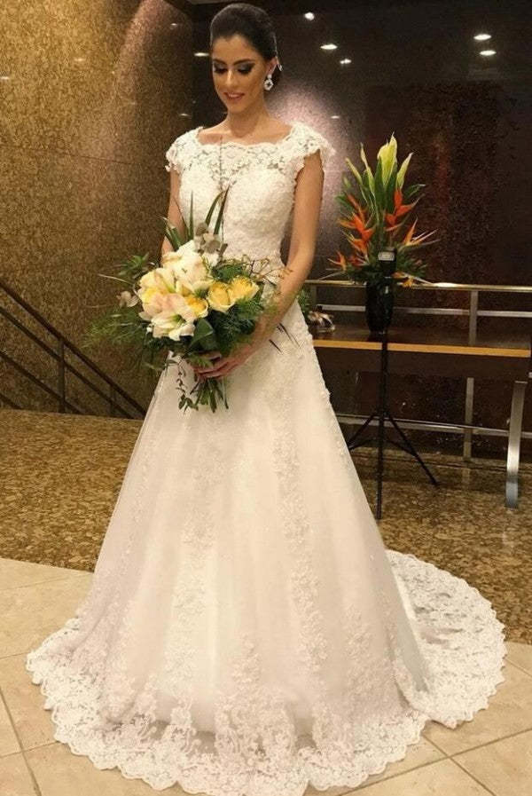 Long A-Line Wedding Dress with V-Neck Lace and Open Back Tulle Gown