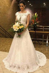 Long A-Line Wedding Dress with V-Neck Lace and Open Back Tulle Gown