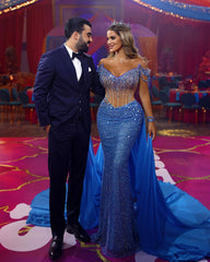 Elegant Off-Shoulder V-Neck Prom Gown with Sequin Embellishments & Flowing Trail