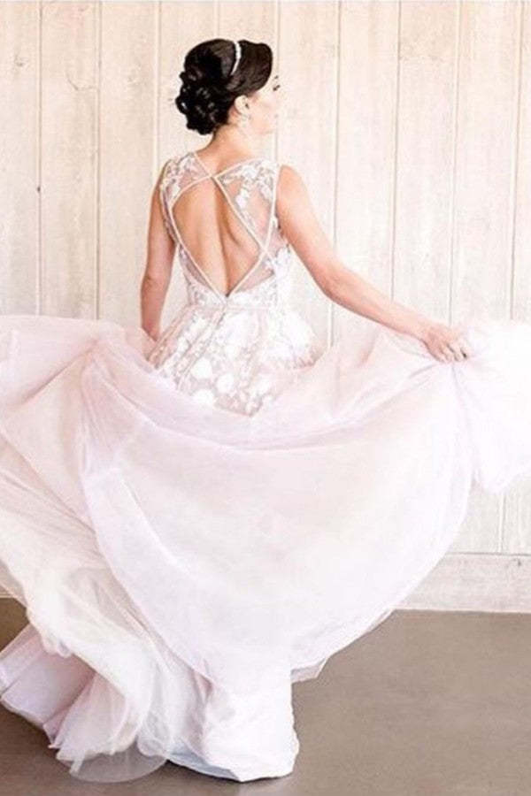 A-Line V-Neck Tulle Wedding Dress with Lace Appliqués Open Back