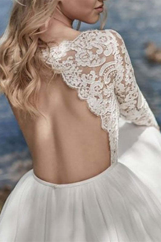 Long Sleeve Lace Bodice Chiffon Wedding Gown with Illusion Back Long Sleeve Lace Bodice Chiffon Wedding Gown with Illusion Back