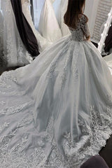 Sheer Tulle Ball Gown Wedding Dress with Appliques and Short Sleeves