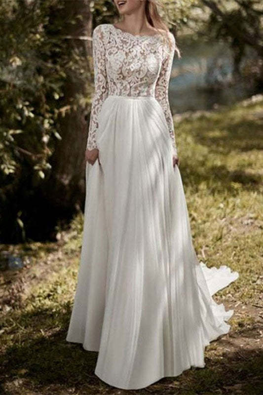 Long Sleeve Lace Bodice Chiffon Wedding Gown with Illusion Back