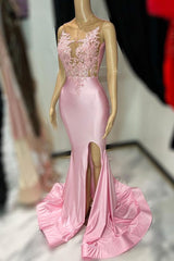 Pink Tulle Mermaid Prom Dress with Appliques and Slit Evening Gown