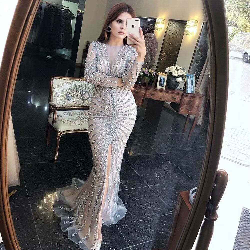 Stunning Black Sequin Long Sleeve Mermaid V Neck Prom Dress