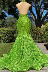 Green Halter Sleeveless Mermaid Prom Dress with Flower Appliques