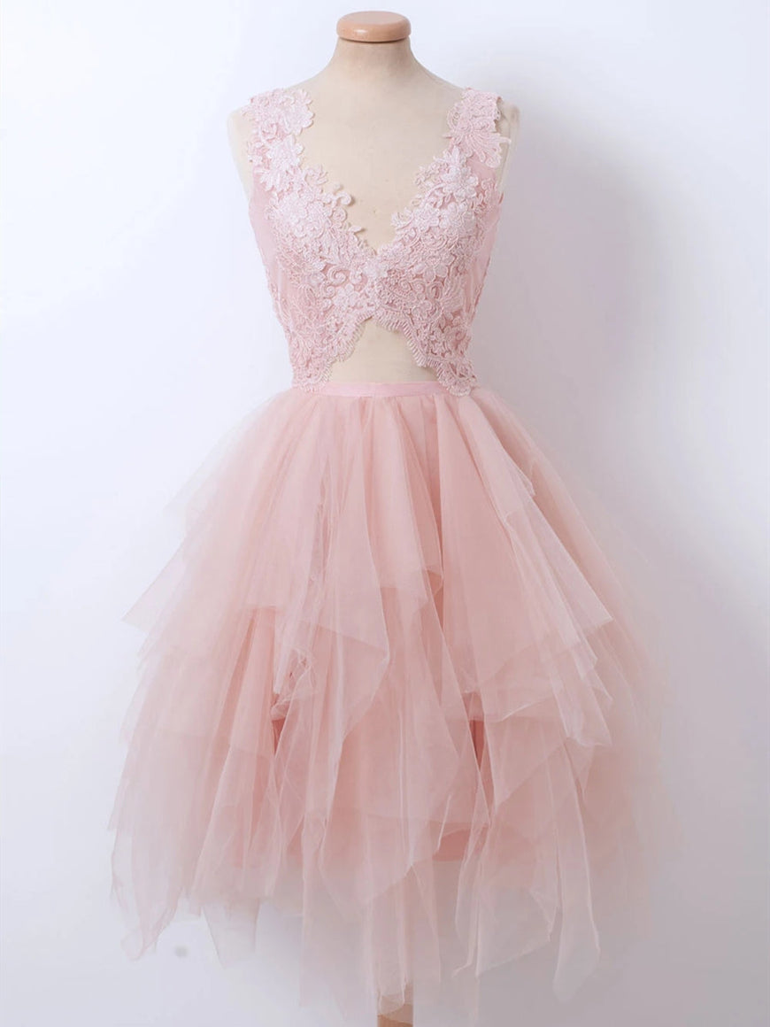 green emerald velvet dress Pink Satin A-line V-neck Homecoming Dress With Pocket, Graduation Dress,  MH573 main image 1