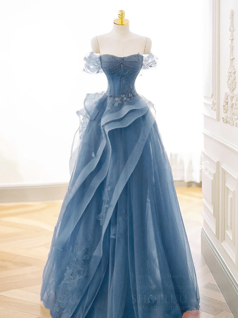 Elegant Gray Blue Off Shoulder Tulle Lace Long Prom Formal Gown