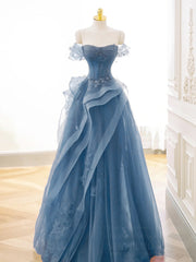 Elegant Gray Blue Off Shoulder Tulle Lace Long Prom Formal Gown