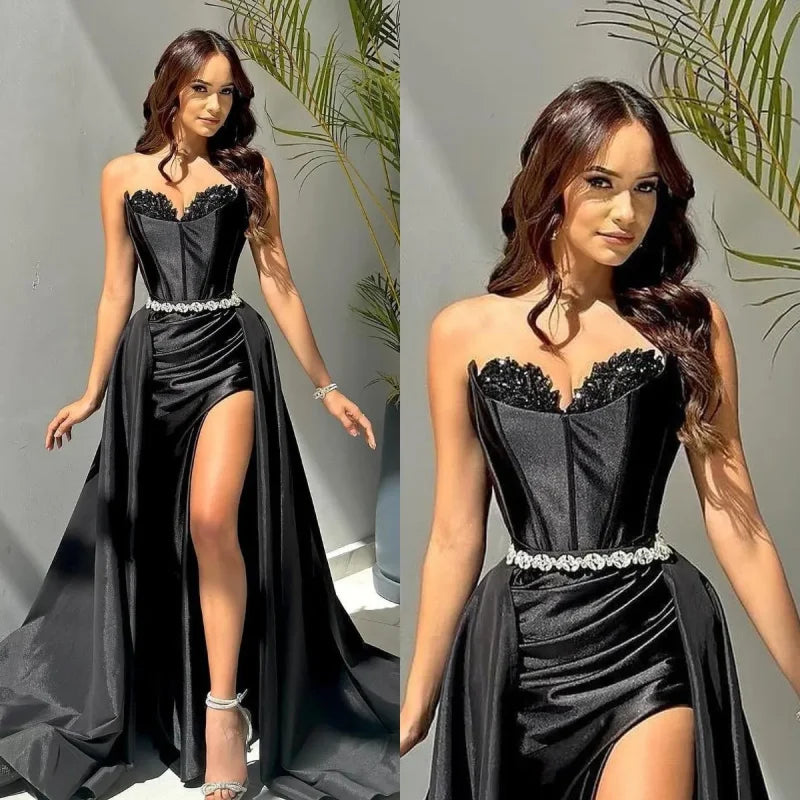 Glamorous Black Strapless Prom Dress with Belt Split Design for Elegant Evenings Glamorous Black Strapless Prom Dress with Belt Split Design for Elegant Evenings