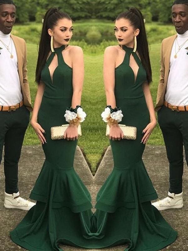 Elegant Halter Floor-Length Ruffled Mermaid Satin Prom Dress Gown