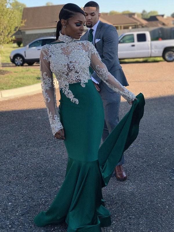 Elegant Mermaid Satin Prom Dress: High Neck, Long Sleeves, Applique Sweep Train