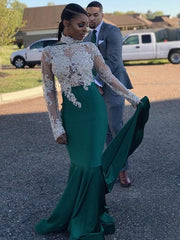 Elegant Mermaid Satin Prom Dress: High Neck, Long Sleeves, Applique Sweep Train