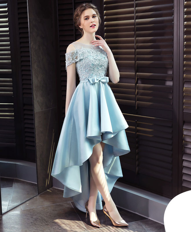Elegant Light Blue Satin Lace Prom Evening Dress Elegant Light Blue Satin Lace Prom Evening Dress