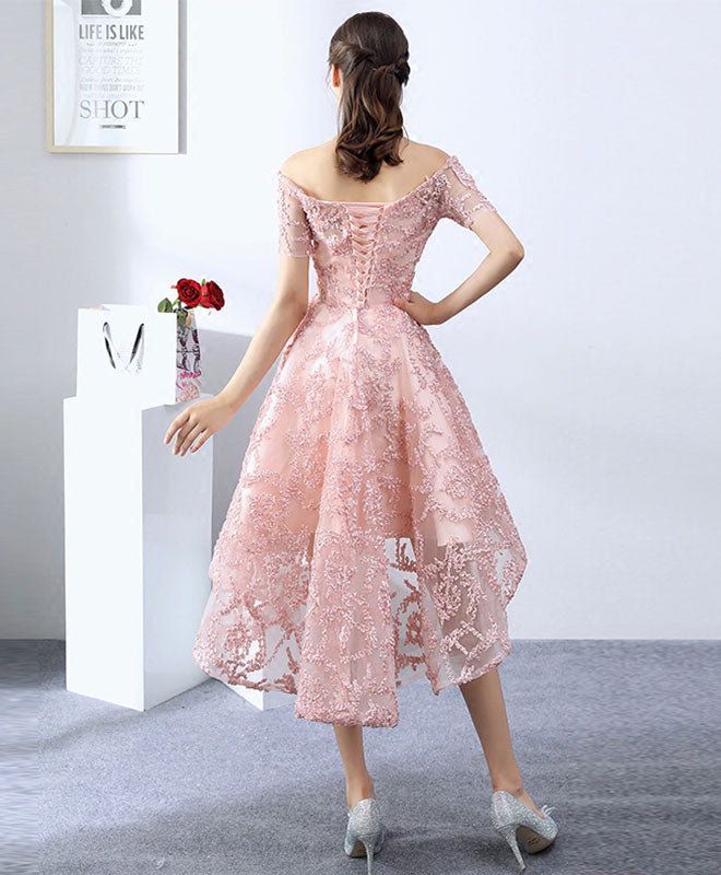 Pink Lace High Low Prom Dress Evening Gown For Women