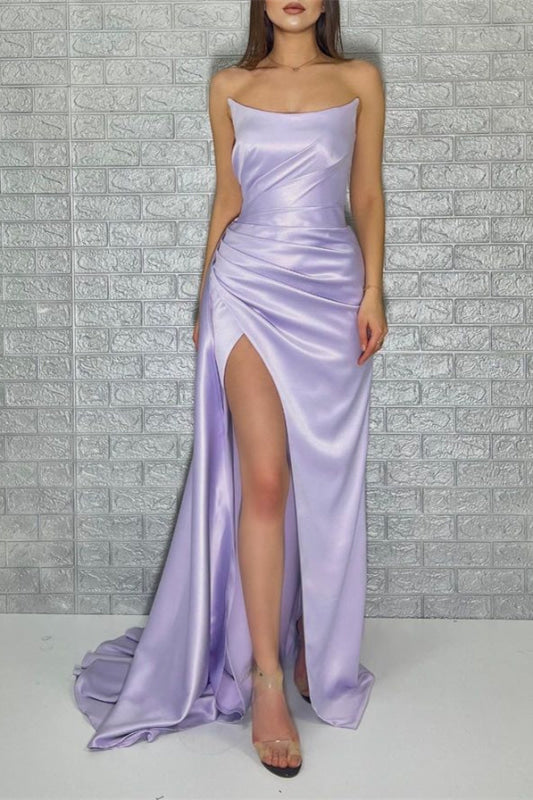 Elegant Lavender Strapless Sleeveless Mermaid Prom Dress with High Slit