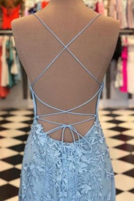 Light Blue Mermaid Prom Dress With Lace And Spaghetti Straps