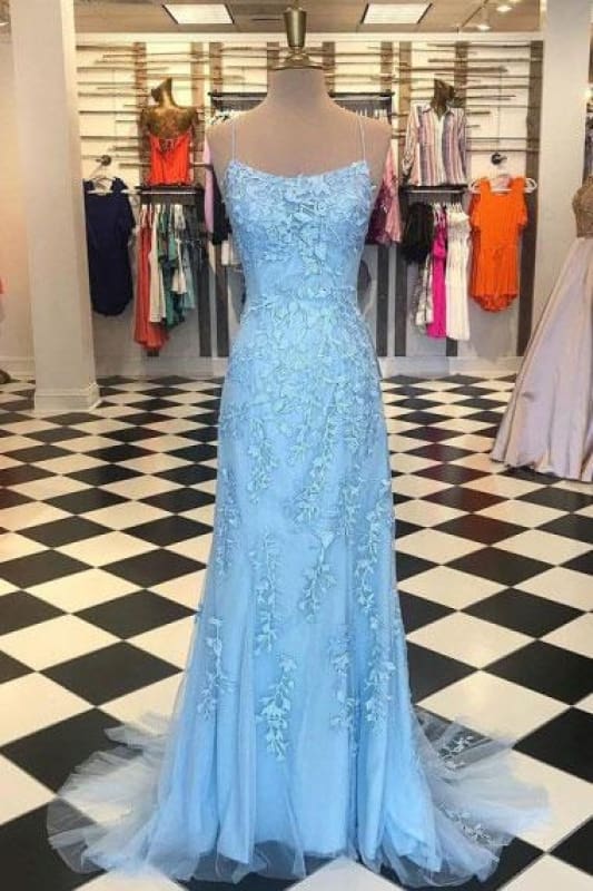 Light Blue Mermaid Prom Dress With Lace And Spaghetti Straps