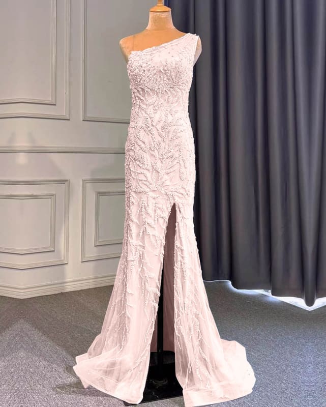 light purple one shoulder prom dress Light Purple One-Shoulder Mermaid Prom Dress with Beaded Details and Ruffles