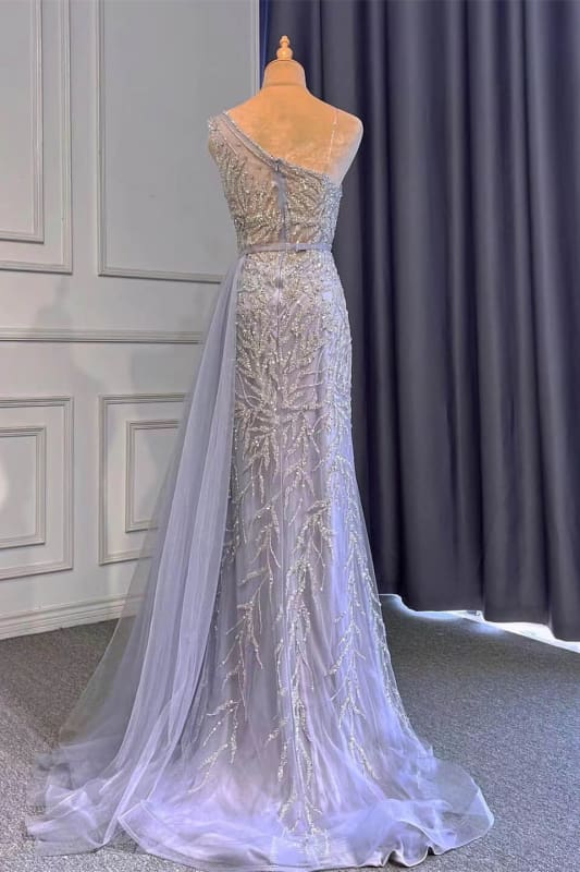 Elegant Light Purple One-Shoulder Beaded Mermaid Prom Dress with Ruffles
