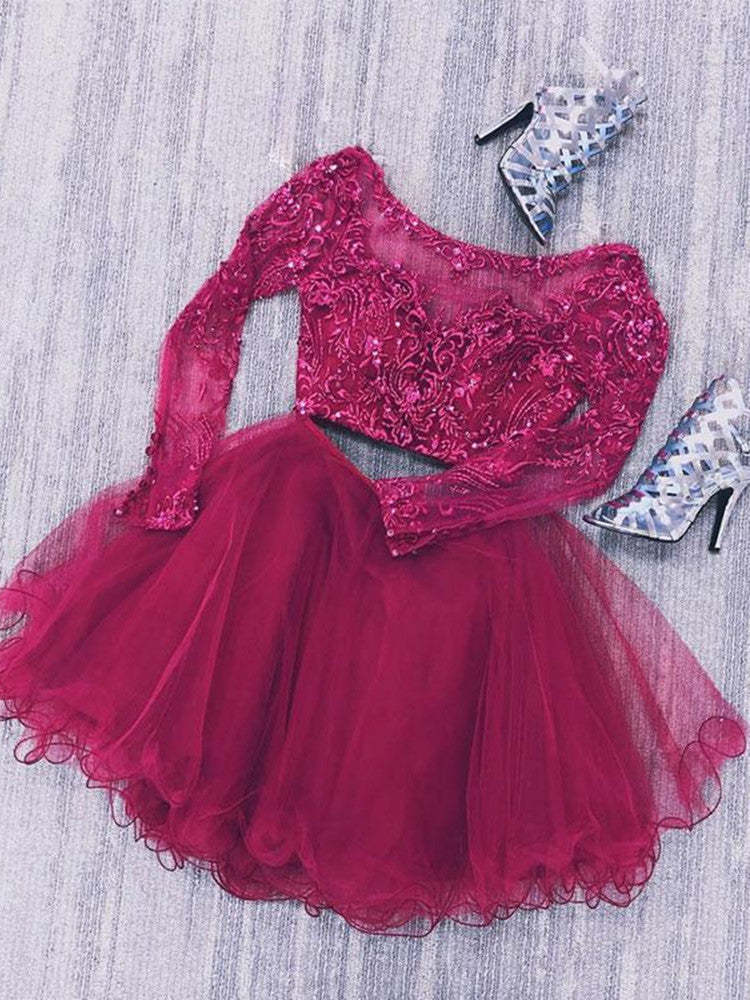 Burgundy Lace Two-Piece Homecoming Dress: Long Sleeve Beaded Short Prom