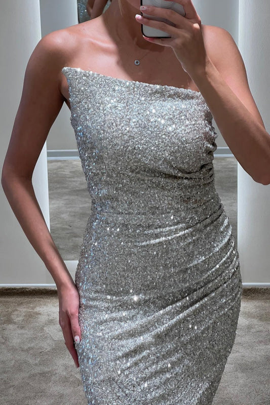 Luxurious Silver Strapless Prom Dress, Slimming Sweep Mermaid, Elegant Evening Gown