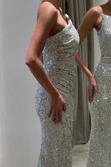 Luxurious Silver Strapless Prom Dress, Slimming Sweep Mermaid, Elegant Evening Gown
