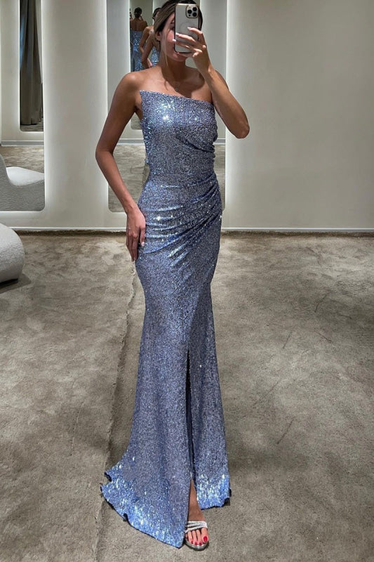 Luxurious Silver Strapless Prom Dress, Slimming Sweep Mermaid, Elegant Evening Gown