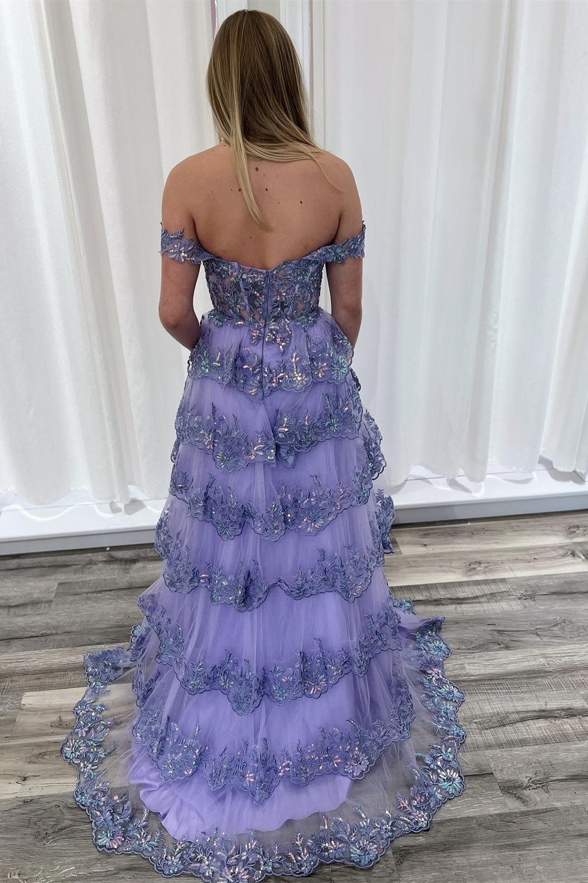 Lavender Off-the-Shoulder Lace Tiered Ruffle See Through Prom Gown with Slit Lavender Off-the-Shoulder Lace Tiered Ruffle See Through Prom Gown with Slit