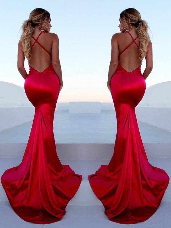 Elegant Mermaid Sleeveless Halter Satin Prom Dress with Ruffles and Sweep Train