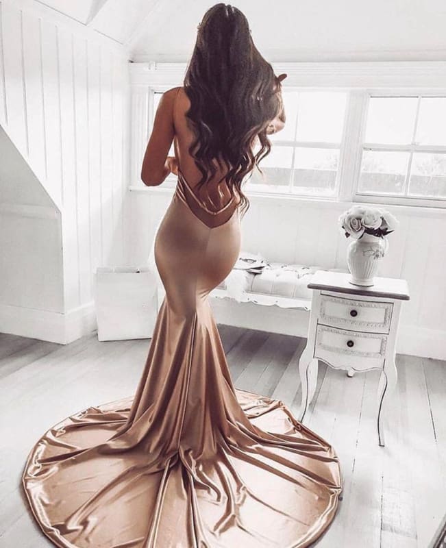 Elegant Mermaid Sleeveless Straps Satin Gown with Ruffles and Sweep Train