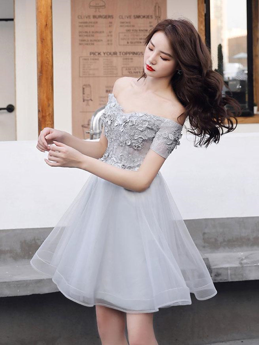 Elegant Off-Shoulder Short Grey Lace Prom Dress for Graduation Homecoming Events Elegant Off-Shoulder Short Grey Lace Prom Dress for Graduation Homecoming Events