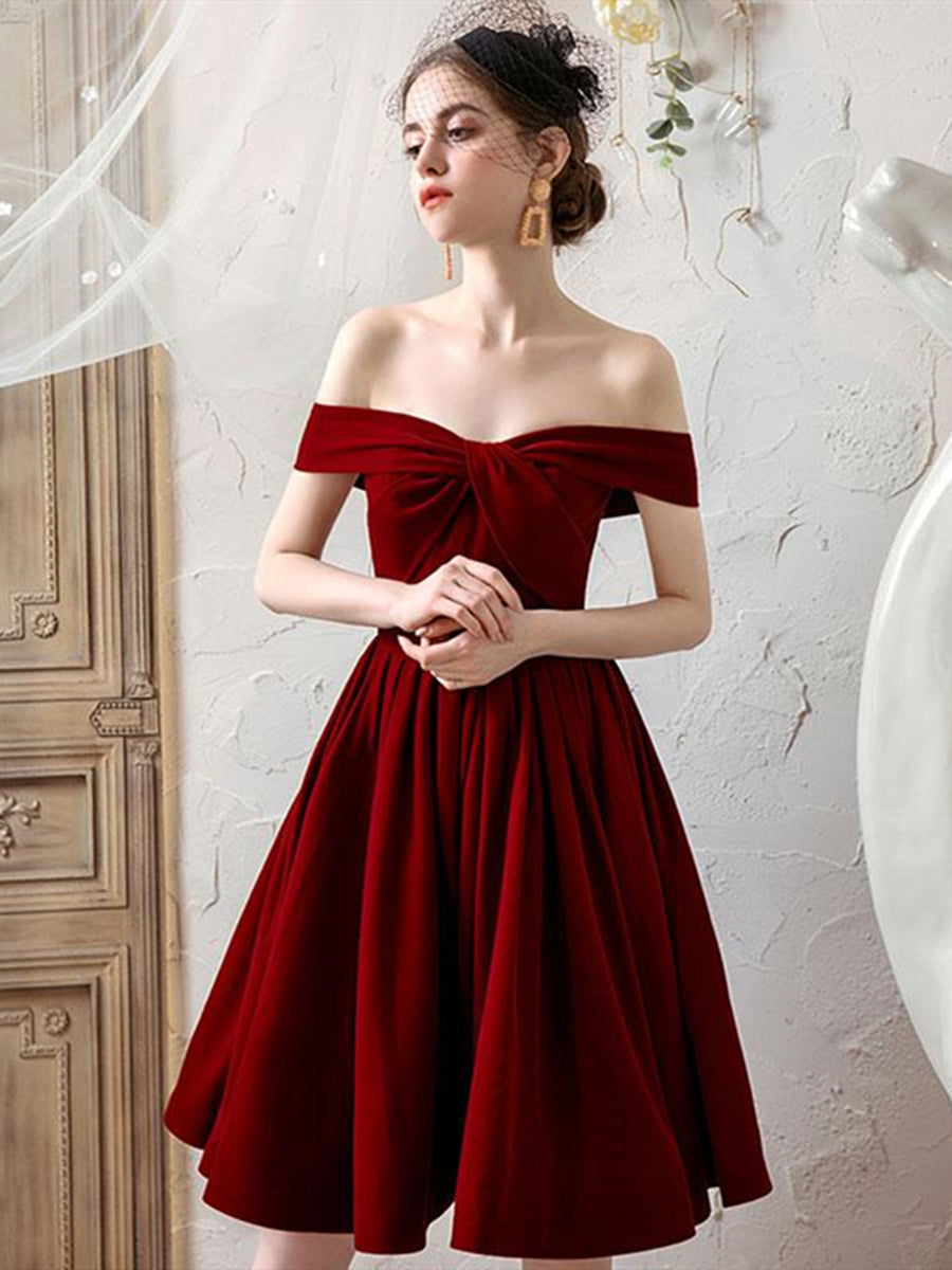 Off the Shoulder Burgundy Homecoming Dress Short Prom Formal Graduation Evening