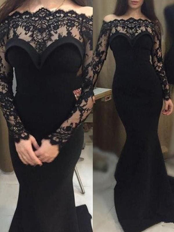 Elegant Off-Shoulder Lace Satin Mermaid Prom Dress with Sweep Train