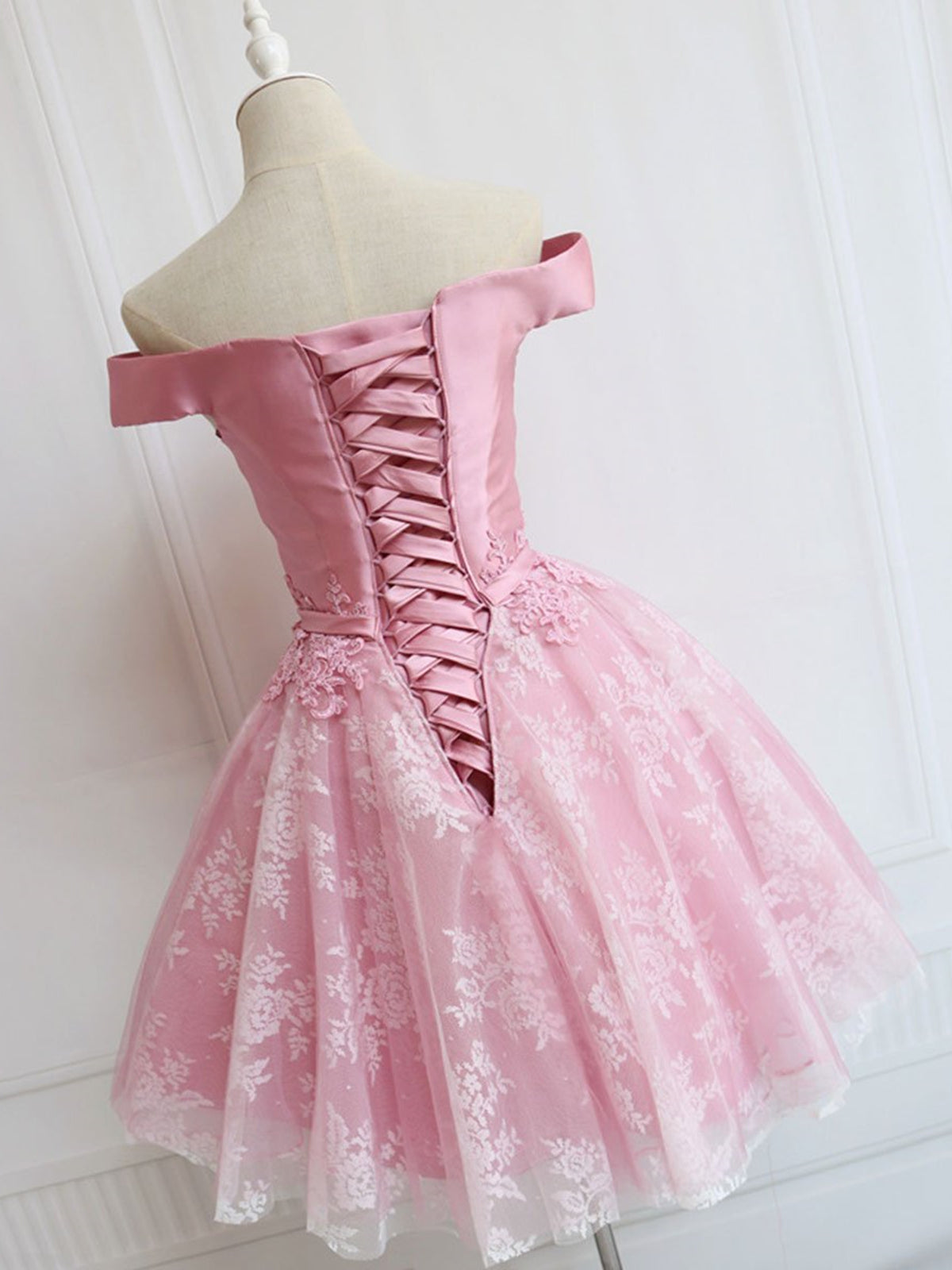 Elegant Off-Shoulder Pink Lace Prom Dress, Short Homecoming Formal Evening Gown Elegant Off-Shoulder Pink Lace Prom Dress, Short Homecoming Formal Evening Gown